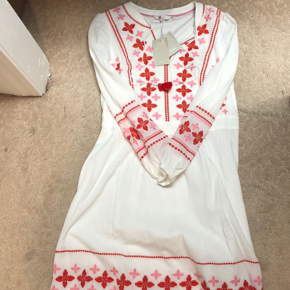 White embroidered Boden dress with lining.